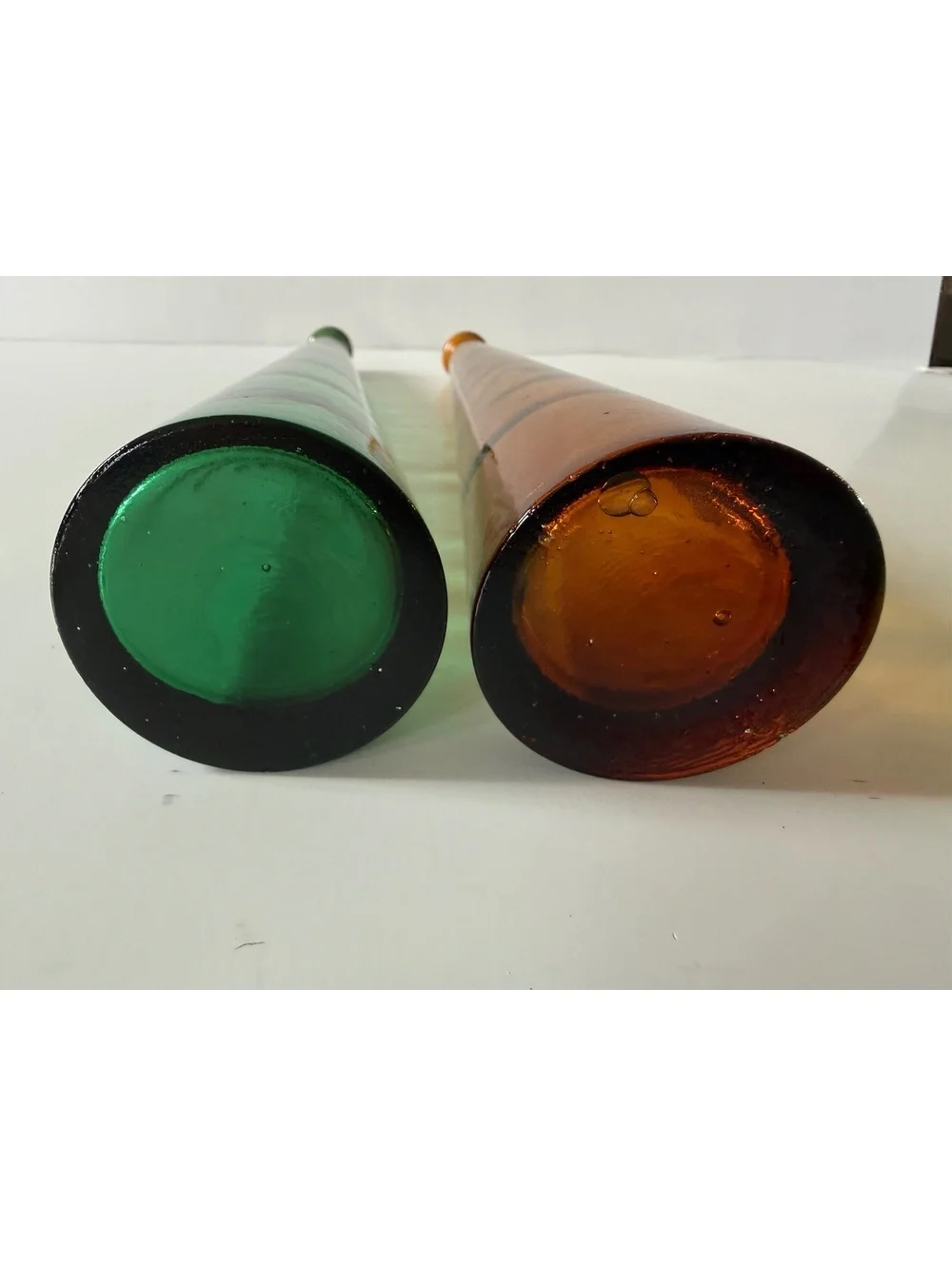 Vintage Hand Blown Art Glass Decanter Bottle Pair Green Amber 12” Cork Stoppers